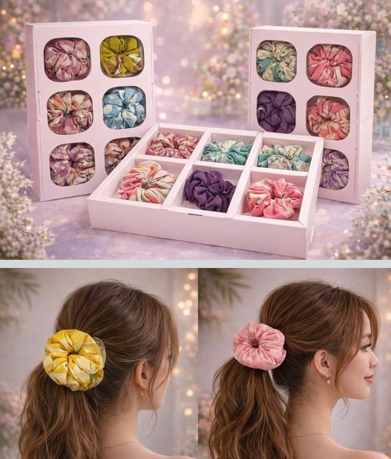 Printed Satin Scrunchies for women girls | 6pcs